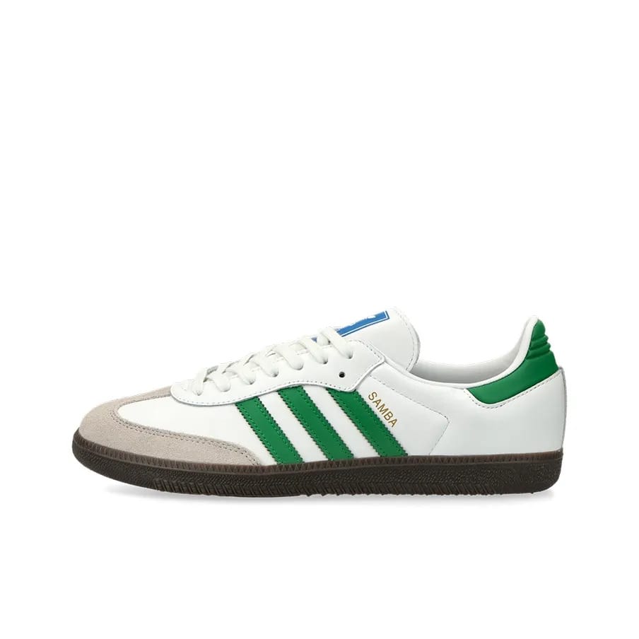 Adidas Shoes Samba - アディダス オリジナルス SAMBA OG、滑り止め、快適、耐久性のあるローカットスニーカー、ユニセックス、白と緑。